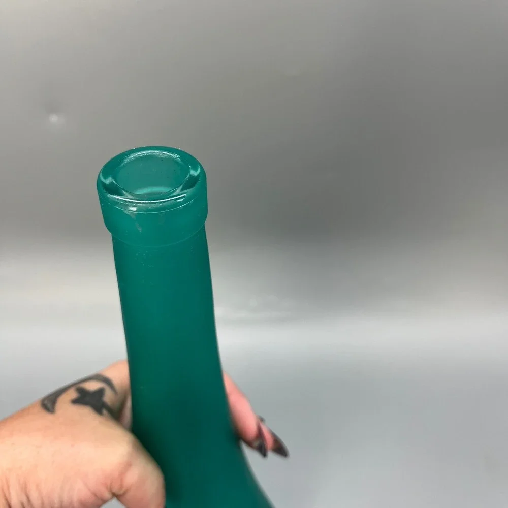 Vtg Teal Frosted Glass Pyramid Bottle Vase 75cl Triangular Curved Mid Century